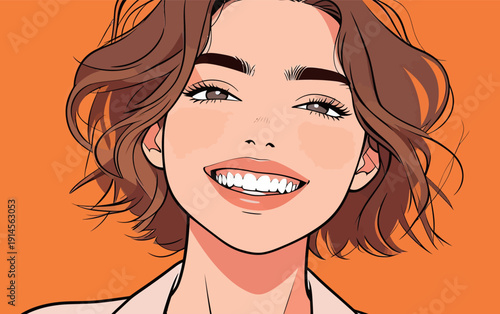 A woman with short hair smiles widely in a digital drawing. The background is bright orange and adds to the lively feel of the piece.