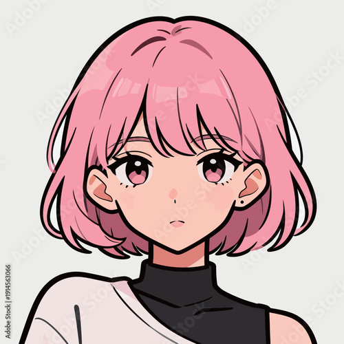 A girl with short pink hair is looking straight ahead. She wears a black top and has a serious expression on her face.