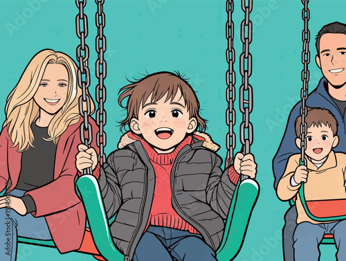Two adults and two children spend time at a park, smiling and swinging on a sunny day with clear blue background.