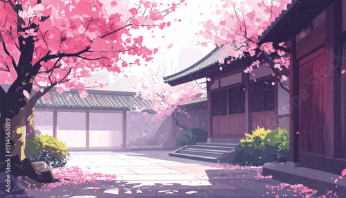 Tranquil Monastery Yard with Pink Petals. Spiritual Sanctuary in Blossom Season. Ancient Wooden Complex Under Sakura