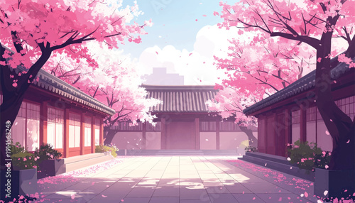 Open Air Dojo Surrounded by Blooming Sakura. Heritage Pavilion in Bright Spring Setting. Classic Wooden Hall with Floral Canopy