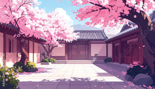 Symmetric Asian Plaza with Cherry Blossom. Traditional Estate Yard in Soft Pink Hue. Cultural Architecture Framed by Spring Trees