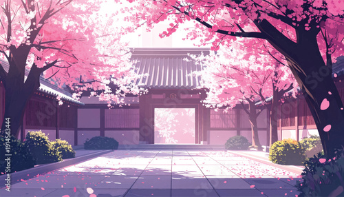 Historic Courtyard Entrance Beneath Sakura. Cultural Landmark Surrounded by Pink Bloom. Classic Oriental Compound in Spring Light