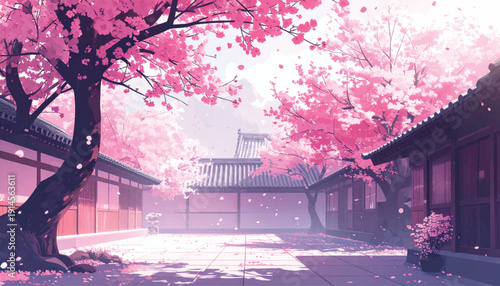 Serene Sakura Courtyard with Wooden Architecture. Traditional Japanese Yard Under Pink Canopy. Peaceful Temple Garden in Spring Blossom