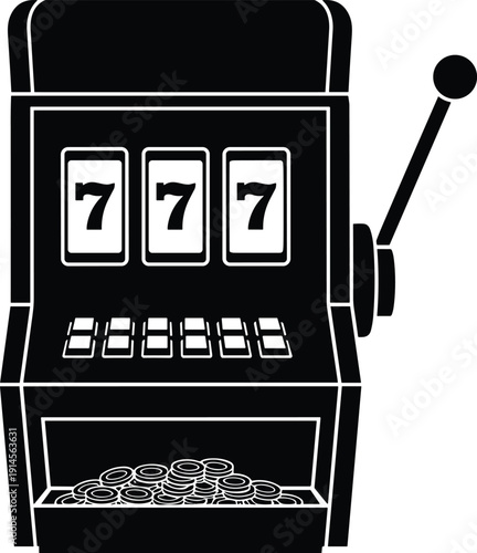 Black slot machine silhouette with lucky seven symbols isolated on white background representing gambling casino jackpot luck risk entertainment gaming and fortune concept illustration