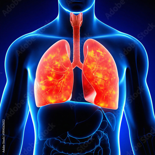 Detailed 3D illustration of inflamed human lungs within a glowing blue body, representing respiratory illness, health issues, and human anatomy