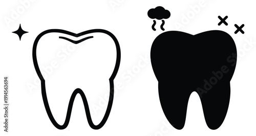 Hand drawn line art dental icons set featuring healthy and unhealthy teeth for oral hygiene comparison