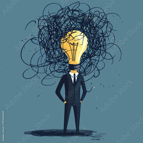 businessman solving complicated problem with tangled lines and lightbulb symbolizing creative solution , vector style simple color