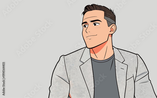 A young man is sitting and looking to the side. He wears a suit and has a confident yet calm expression on his face.