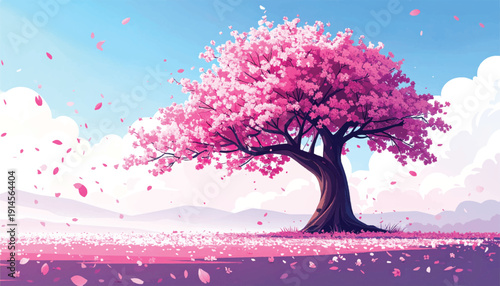 Vibrant Sakura Tree on Pastel Spring Meadow. Blooming Cherry Canopy Under Clear Sky. Pink Floral Landscape with Falling Petals