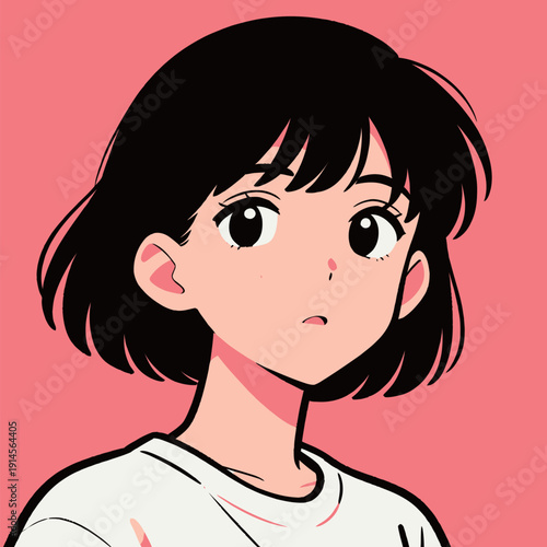 A girl with short black hair looks directly at the viewer with a neutral face. The background is pink, creating a simple scene.