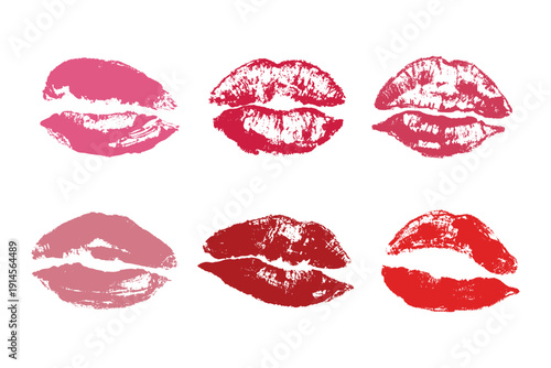 Set of lipstick kiss print Different shapes and colors imprint of lips Red pink female sexy lips makeup Design elements for beauty fashion poster Valentines Day wedding