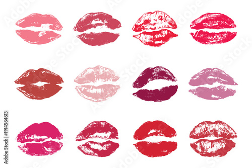 Set of lipstick kiss print Different shapes and colors imprint of lips Red pink female sexy lips makeup Design elements for beauty fashion poster Valentines Day wedding