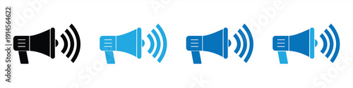 Megaphone icon set showing sound waves and broadcasts. Vector illustration