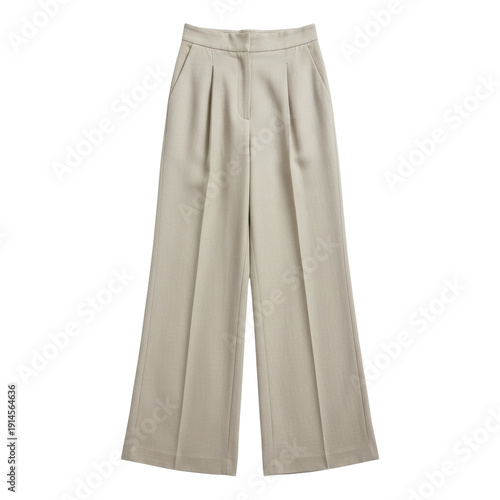 a single pair of flowing women's high-waisted palazzo pants made of light beige linen. the wide-leg trousers feature elegant vertical pleats displayed in a shadowless flat lay composition, luxury