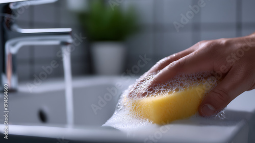 A person's hand cleaning a bathroom sink with a soapy sponge