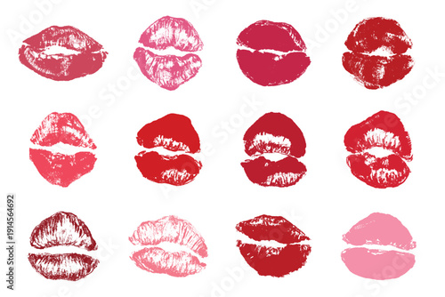Set of lipstick kiss print Different shapes and colors imprint of lips Red pink female sexy lips makeup Design elements for beauty fashion poster Valentines Day wedding
