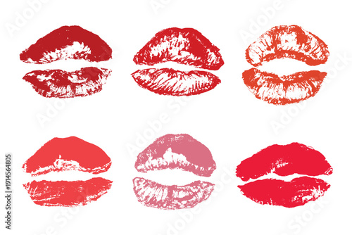 Set of lipstick kiss print Different shapes and colors imprint of lips Red pink female sexy lips makeup Design elements for beauty fashion poster Valentines Day wedding