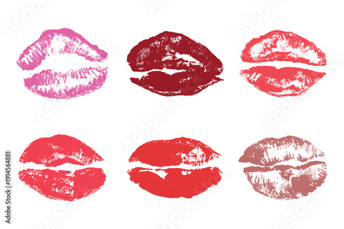 Set of lipstick kiss print Different shapes and colors imprint of lips Red pink female sexy lips makeup Design elements for beauty fashion poster Valentines Day wedding