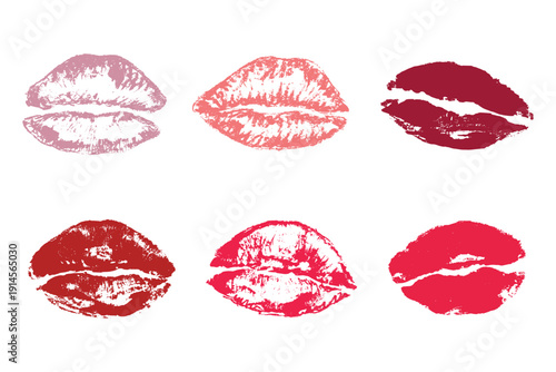 Set of lipstick kiss print Different shapes and colors imprint of lips Red pink female sexy lips makeup Design elements for beauty fashion poster Valentines Day wedding