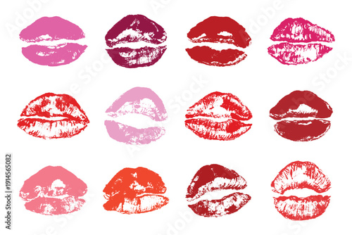 Set of lipstick kiss print Different shapes and colors imprint of lips Red pink female sexy lips makeup Design elements for beauty fashion poster Valentines Day wedding