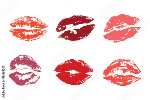 Set of lipstick kiss print Different shapes and colors imprint of lips Red pink female sexy lips makeup Design elements for beauty fashion poster Valentines Day wedding