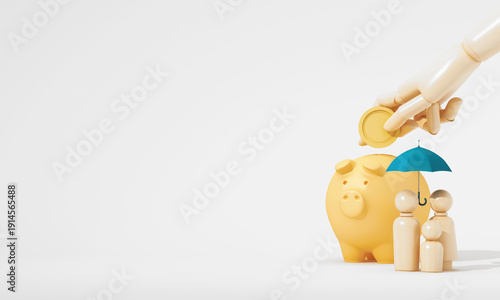 Family protected by umbrella with piggy bank and saving coin, life insurance and financial security concept for future planning, wealth protection and risk management. 3d rendering.
