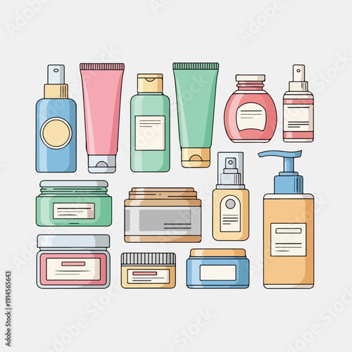 Collection of various cosmetic products and skincare bottles