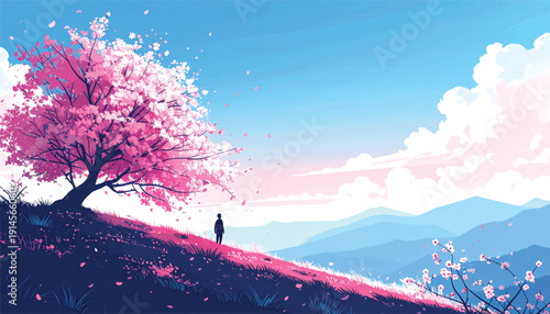 Solitary Figure Beneath Blooming Sakura Tree. Pink Blossom Vista with Human Silhouette. Inspirational Spring Landscape with Traveler