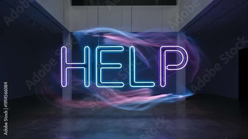 Dynamic Neon Help Word Glowing with Vibrant Energy