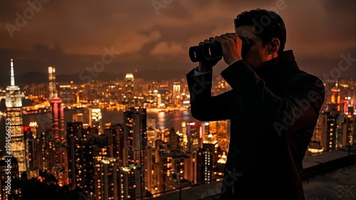 Man Observes Bustling City Skyline at Night with Binoculars