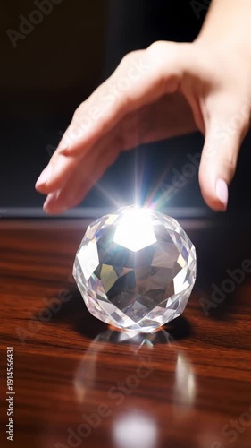 Hand Places Glowing Crystal Ball on Wooden Surface