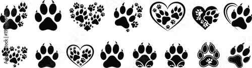 Creative vector illustration of diverse paw print designs with hearts, decorative pet love artwork, animal affection symbols for branding and tattoos