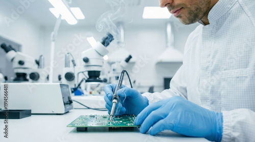 Focused engineer in a cleanroom precisely soldering a circuit board, symbolizing microelectronics manufacturing, R&D, and high-tech innovation.