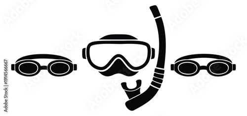 Simple icon water sports equipment set featuring swim goggles, a diving mask, and a snorkel for summer activities