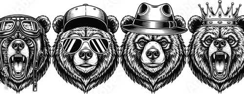 Creative vector illustration of bear heads with accessories, pilot goggles, baseball cap, fedora hat, crown, black and white wildlife inspired art