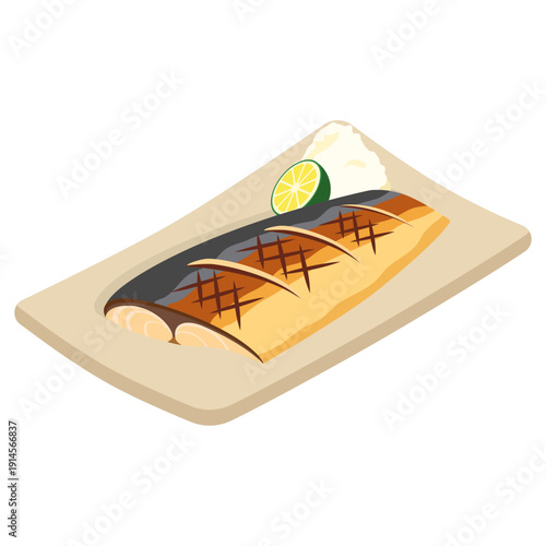 Isometric grilled mackerel with daikon radish and kabosu on beige plate - flat vector illustration, Japanese food icon