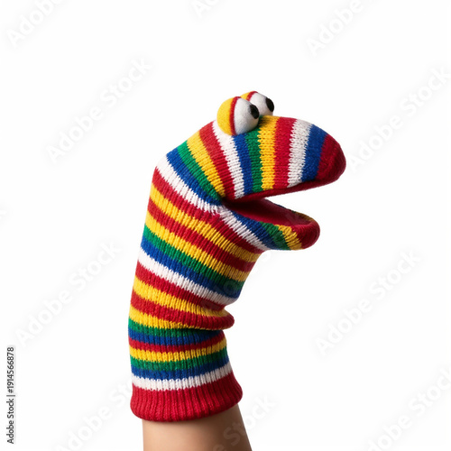 Sock puppet on hand isolated on white background symbolizing creativity