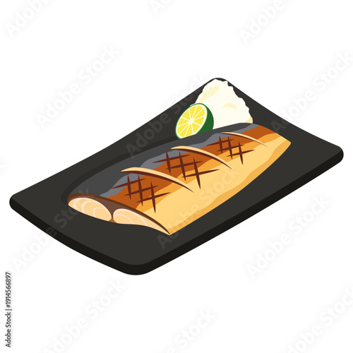 Isometric grilled mackerel with daikon radish and kabosu on black plate - flat vector illustration, Japanese food icon