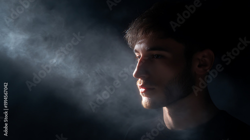 A contemplative portrait of a man illuminated by a beam of light, exuding serenity. The stark contrast creates a dramatic effect