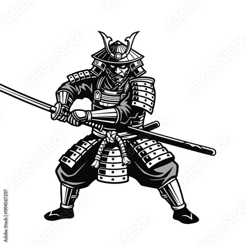 Samurai Warrior in Traditional Armor Holding Sword and Katana