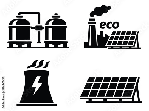 Solid icon industrial energy set featuring factories, solar panels, and power plants for sustainable production