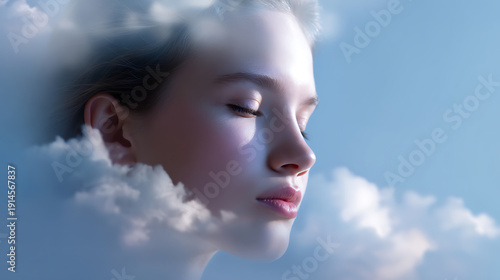 A serene portrait of a young woman with closed eyes, surrounded by soft, ethereal clouds. The composition evokes a sense of peace and tranquility