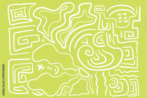 Abstract hand-drawn lines create a vibrant, contemporary pattern in white on a bright lime green background, showcasing a playful and organic design