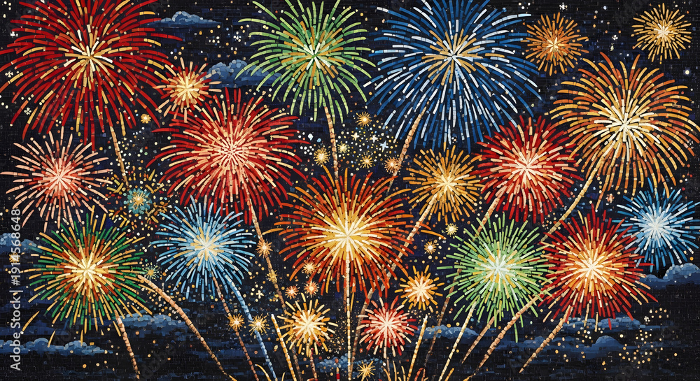 Fototapeta premium Vibrant Fireworks Explosion in Colorful Night Sky with Bright Lights and Sparkling Effects for Celebration