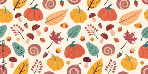 Autumnal pattern featuring pumpkins leaves acorns and swirling shell motifs