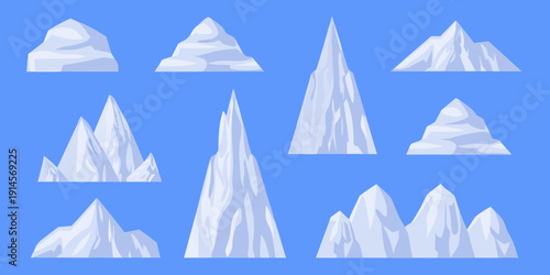 Stylized cartoon mountains and snowy peaks against a bright blue sky