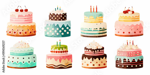 Assorted colorful tiered cakes with cherries and lit candles illustrated
