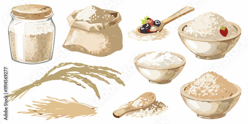Various depictions of flour rice and wheat alongside fresh berries