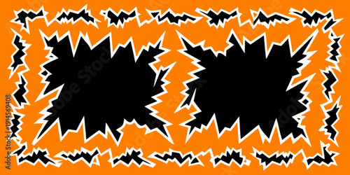 An orange background with jagged black shapes resembling broken glass